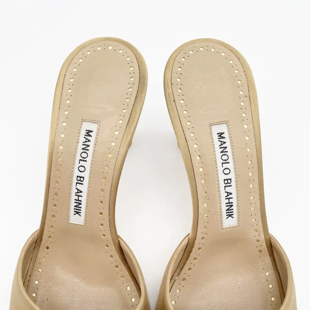Manolo Blahnik Uliana Golden Brown Satin Crystal Open Toe Mule Heels IT 37